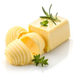 Freshly rolled butter with herbs on white background