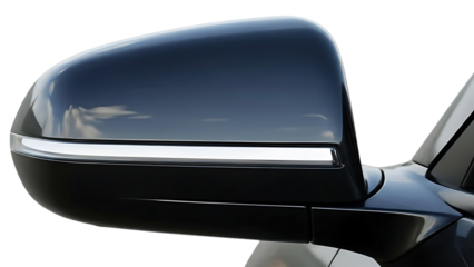 Close-up of a glossy blue car side mirror with integrated LED turn signal and chrome trim