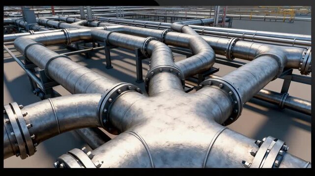 Medium shot of a digital 3D pipeline layout rendered on a computer screen showcasing complex pipeline structures with depth and spatial accuracy.