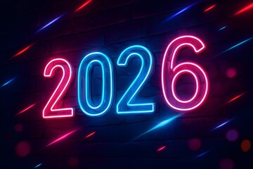 Vibrant Neon Lights Illuminate the Number 2026 Against a Dark Brick Wall Background
