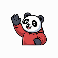 Friendly cartoon panda character wearing a red hoodie, waving hello with a cheerful expression. © hellodedigalih