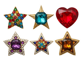 Sparkling gold stars adorned with colorful gemstones and a brilliant red crystal heart, a luxury fashion accessory collection, isolated on transparent background.