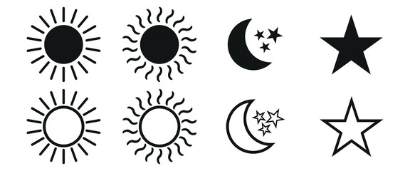 Stylized sun and crescent moon with stars icon. A silhouette of the sun and a crescent moon with stars set. Moon stars icon or logo pack.  vector illustration. 
