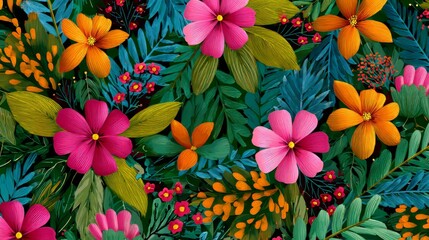 Fototapeta premium Vibrant Tropical Flowers and Foliage in Artistic Composition Featuring Colorful Petals, Lush Leaves, and Exotic Botanical Diversity on Dark Background