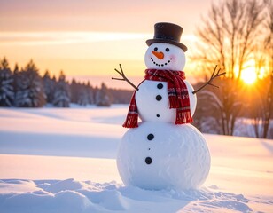 Obraz premium A jolly snowman with a hat and scarf stands in a snow-covered field at sunset. Bare trees and forest are visible in the background