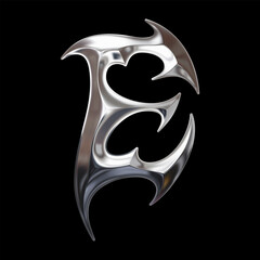 Chrome 3D tribal letter E with sharp curved forms
