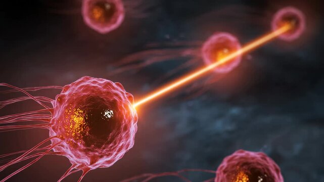 Laser beam targeting cancer cells, A focused laser beam aimed at cancer cells