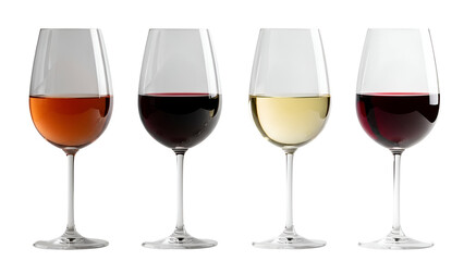 Elegant row of four diverse wine glasses showcasing ros&eacute;, rich red, crisp white, and deep crimson wines, perfect for connoisseurs and celebrations, isolated on transparent background.