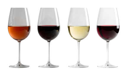 Elegant row of four diverse wine glasses showcasing rosé, rich red, crisp white, and deep crimson wines, perfect for connoisseurs and celebrations, isolated on transparent background.