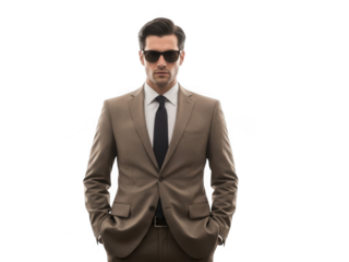 Stylish man in a tan suit and sunglasses with hands in pockets, exuding confidence and sophistication. isolated on transparent background