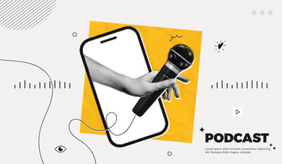 Naklejka na ściany i meble Trendy Halftone Collage Online Podcast. Mobile phone with Hand holding studio microphone. Talk show and interview. Streaming service. Audio recording. Contemporary vector art illustration