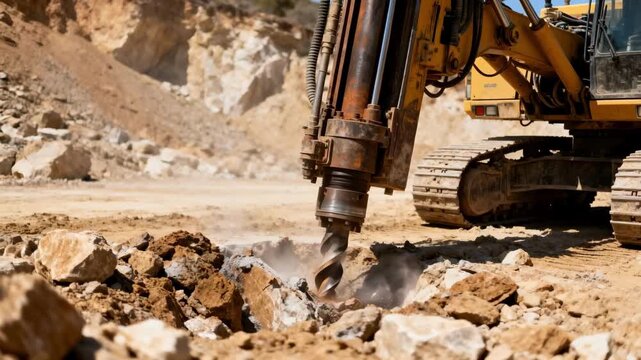 Medium shot focused on a hard rock drilling rig breaking through tough terrain using highpower drills with minimal human intervention.