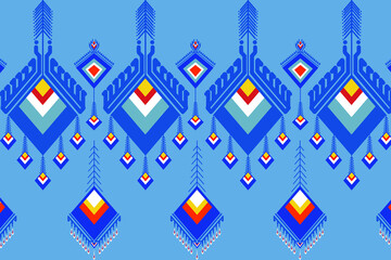 Blue tribal geometric pattern, ethnic diamond motifs, symmetrical seamless design, light blue background with blue white yellow accents, traditional folk art style, flat vector illustration.