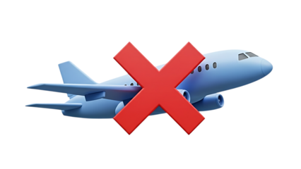 Blue 3D airplane with bold red X indicating flight cancellation