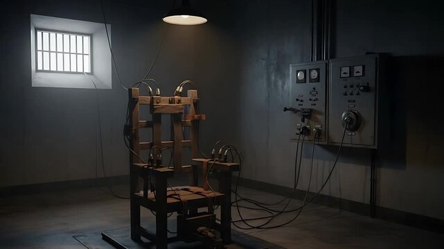 dimly lit vintage electric chair in industrial room with control panel
