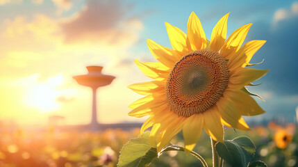 Airport surveillance radar dish transformed into a giant sunflower facing the spring sun