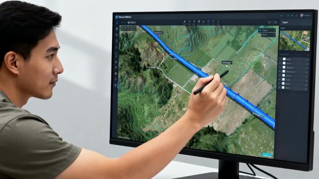 Medium shot of user interacting with pipeline mapping software displaying detailed 2D GIS platform highlighting precise pipeline routes and geographical data integration.
