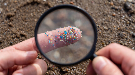 A closeup of a woman's hand holding a magnifying glass lens to look at a flower and map while exploring nature on a blue beach
