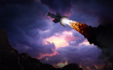 launched missile at dusk, 3d animated