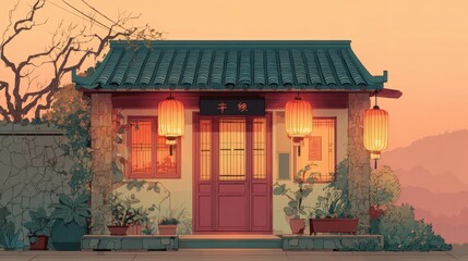 Fototapeta premium Traditional Chinese Style House with Red Lanterns and Green Tiled Roof at Sunset
