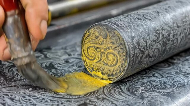 Medium shot capturing the cleaning of gravure printing cylinders highlighting the delicate brushwork that clears intricate ink patterns from etched surfaces.