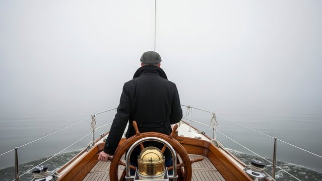 Man Navigating Sailboat Through Dense Fog on a Calm Lake.