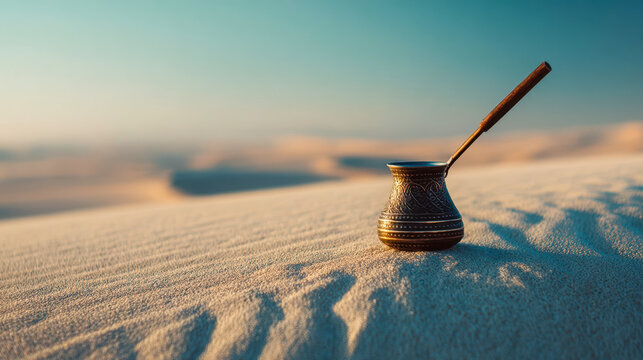 Traditional Turkish coffee cezve on the desert sand at dawn, a minimalist concept of Middle Eastern coffee preparation