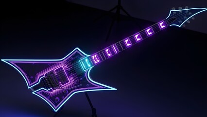 A futuristic electric guitar illuminated with neon lights and glowing circuit patterns, blending music, technology, and cyberpunk aesthetics.
