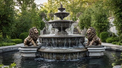 Elegant tiered fountain with lion statues, lush greenery, and stone steps under sunlight