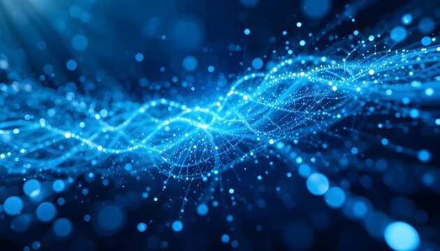 Stunning blue digital wave with glowing particles and connections - Powered by Adobe