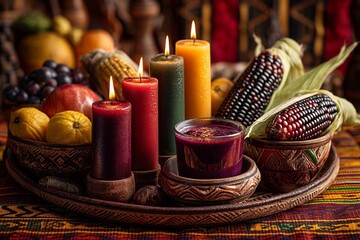 kinara with candles and corn on a woven tray