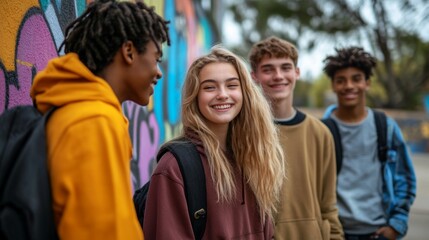 A laughing girl with friends against a backdrop of bright graffiti is suitable for creating a cheerful urban background in advertising youth clothing.