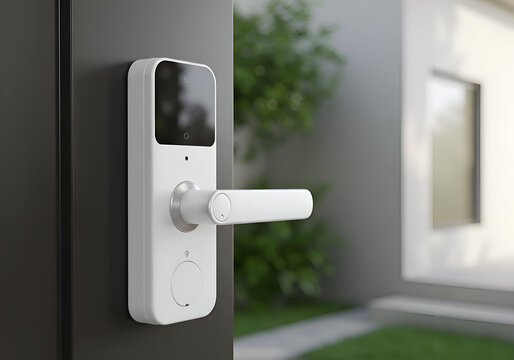 Modern white smart door lock on dark door, featuring sleek design and built-in technology, installed in a residential setting with greenery and blurred background.