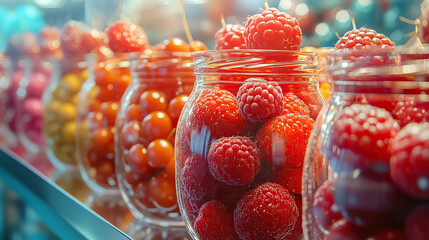 Cinema candy counter, but the transparent jars are filled with fresh strawberries, raspberries