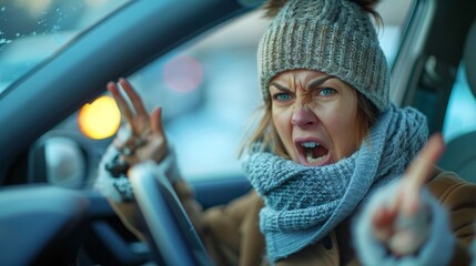 A driver in winter clothing demonstrates panic behind the wheel on a slippery road, warning of the dangers of black ice — a vivid backdrop for social campaigns on road safety.