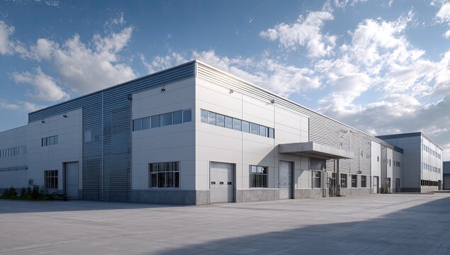 Modern industrial building with loading bays and concrete lot under a bright blue sky