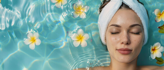 The relaxed face of a woman with her eyes closed in water surrounded by flowers conveys calmness and peace, which is suitable for decorating a spa salon as the main background.