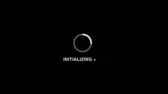 Loading animation initializing progress bar circular loading on black background with white text circular loading black background
