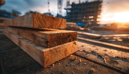 Close-up of stacked timber planks on wooden surface at a construction site in sunlight
