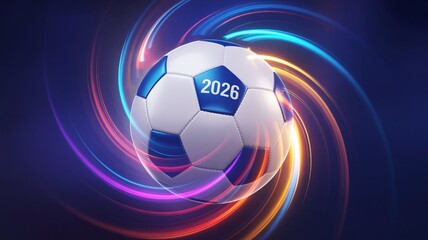 World Cup 2026 Soccer Championship Concept with International Flag Football on Blue Background for Sports News Media