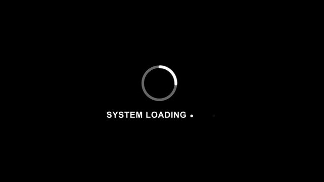 System Loading Animation Loading Screen with Progress Circle and Text on Black Background buffering waiting