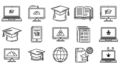 Educational icons representing online learning and academic resources in a vector style