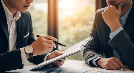 Two businessmen in suits discussing a document, one pointing with a pen, in a modern office setting with natural light