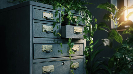 Grey metal filing cabinet, but its drawers are slightly open with various ferns and trailing ivy spilling out