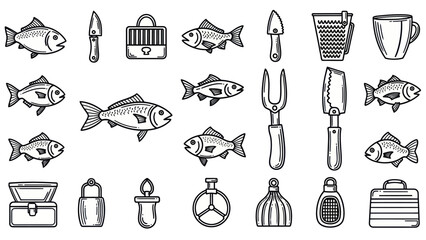 Collection of various line art illustrations of fish and kitchen utensils © Aku