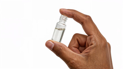 African American Hand Holding Small Glass Vial, Skincare Cosmetics Product on Solid Background