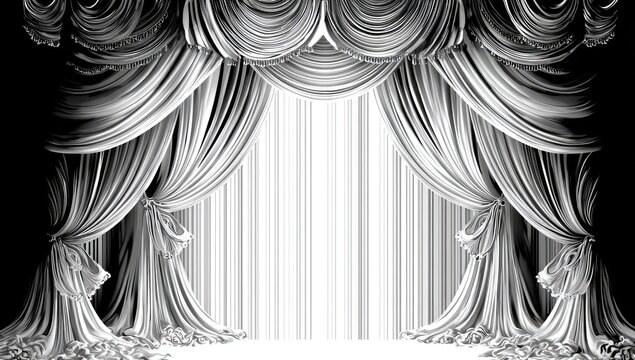 Elegant white stage curtains drawn open, revealing a bright, empty spotlighted background