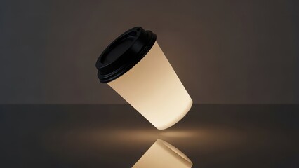 Disposable coffee cup floating in air with reflection on dark surface