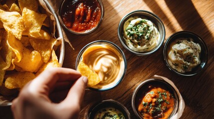 Hand Dipping Potato Chip Into Assorted Dips on Wooden Table