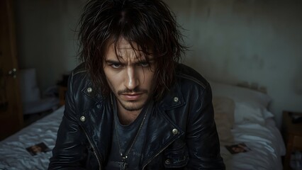 Intense Young Man in Black Leather Jacket with Serious Expression in Dim Bedroom Portrait